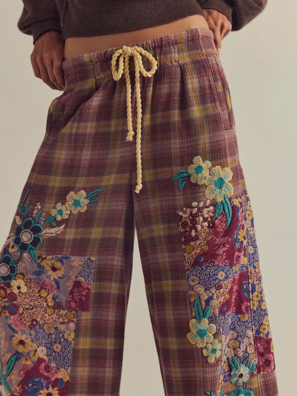 NWT Free People Brooks Embroidered Wide-Leg Patchwork Pants in Green Combo - Picture 16 of 16